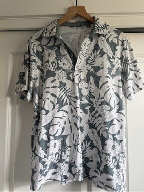 Men's Green and White Tropical Print Polo Cotton Shirt Size Medium